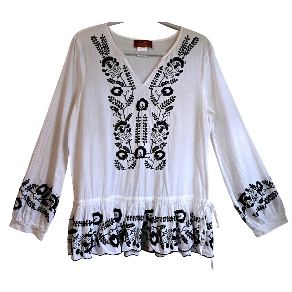 Scully Women's Boho White Cotton Embroidered Peasant Blouse Black Floral Top